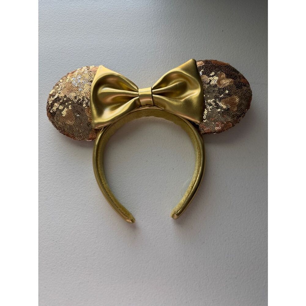 Disney Gold Sequin Minnie Ears Headband with Metallic Bow